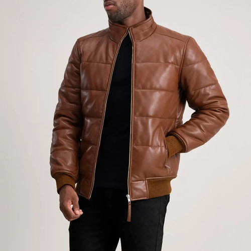 Letterman brown leather puffer - brown,